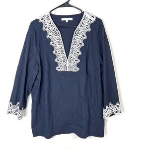 Preston & York tunic plus size 18 Linen 3/4 Sleeve‎ V-Neck Embroidered Ink Navy